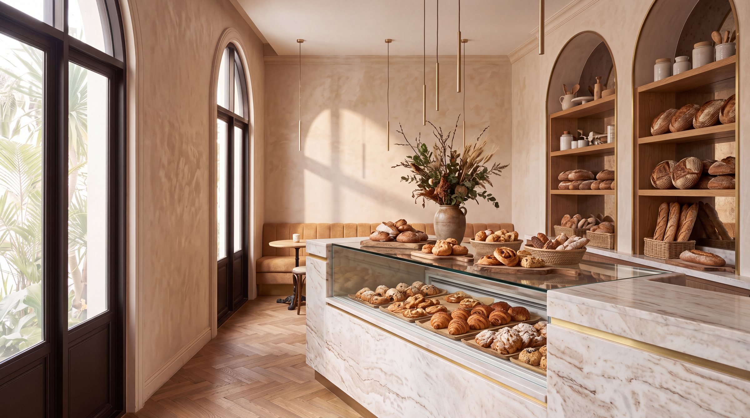 Inside Brunelle: oak shelves of sourdough and baguettes, a marble counter of croissants and warm limewashed walls in the morning light.