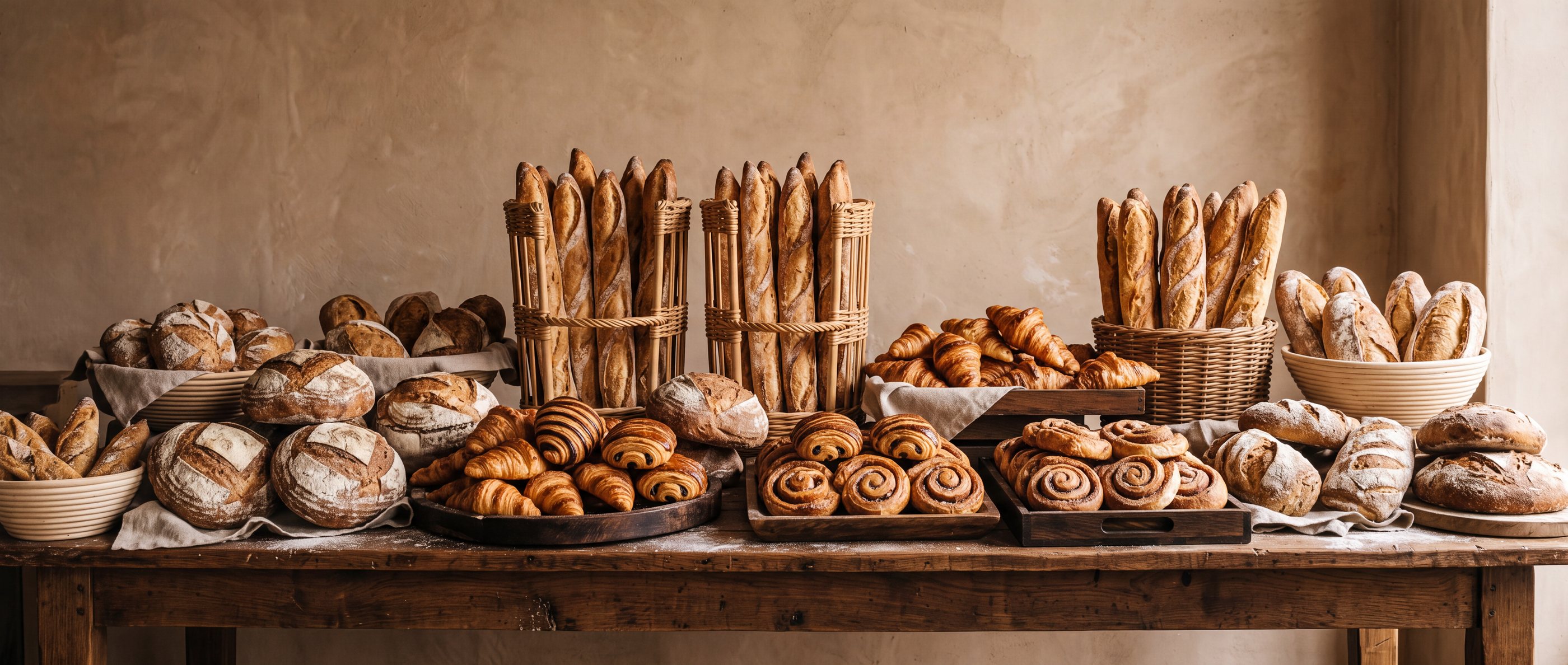 A long counter of sourdough, baguettes, croissants and cinnamon buns