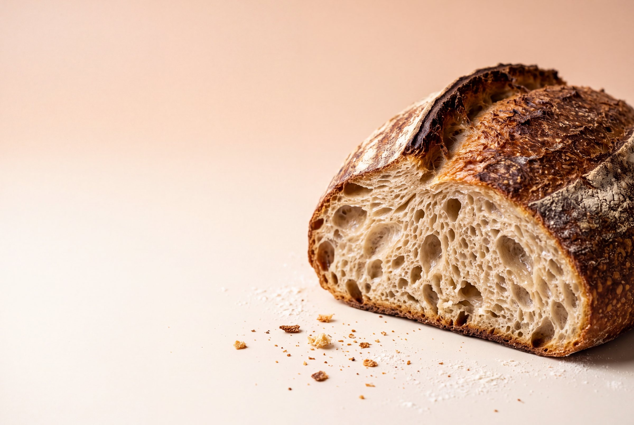 A sourdough loaf cut open to show its open, airy crumb