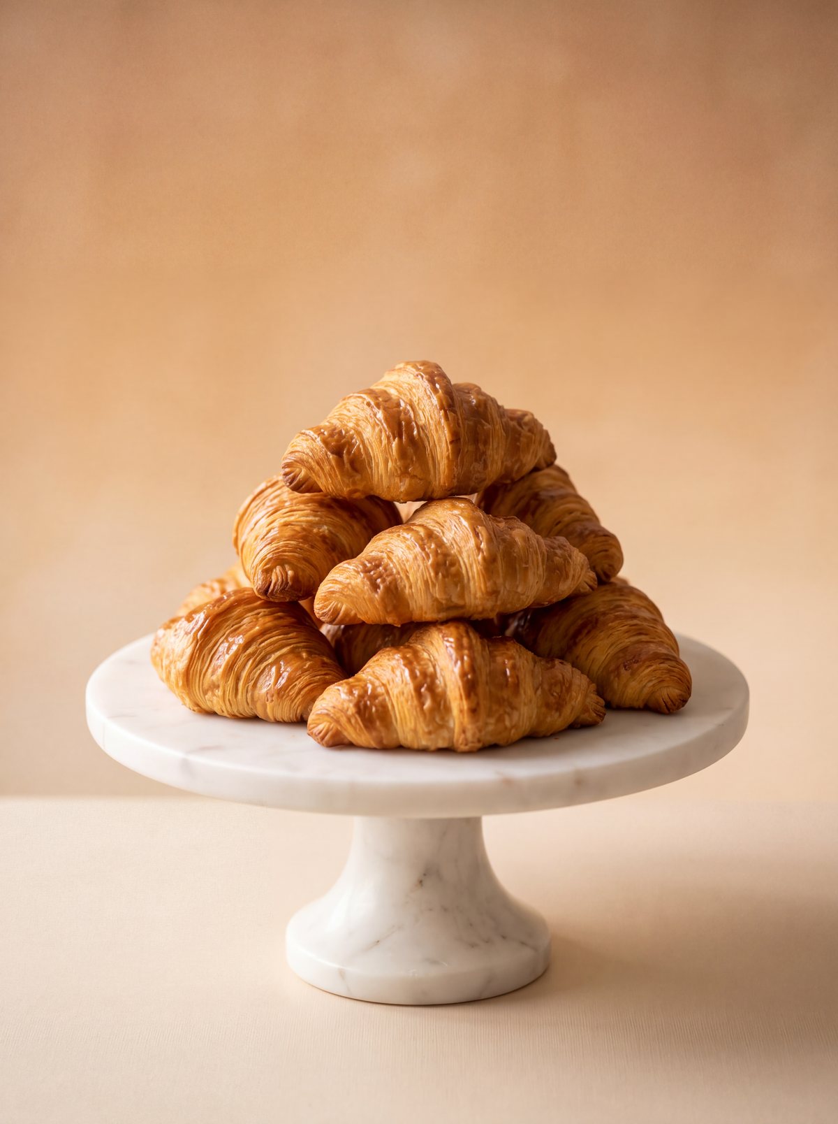 A pyramid of croissants on a marble cake stand