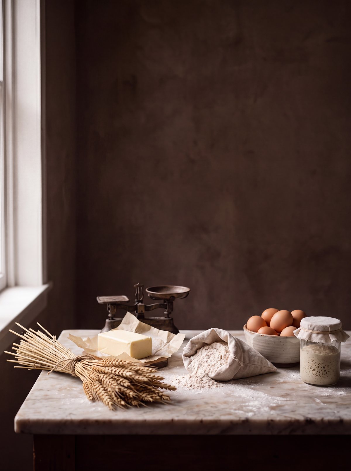 Flour, butter, eggs, wheat and a jar of sourdough starter on a stone bench