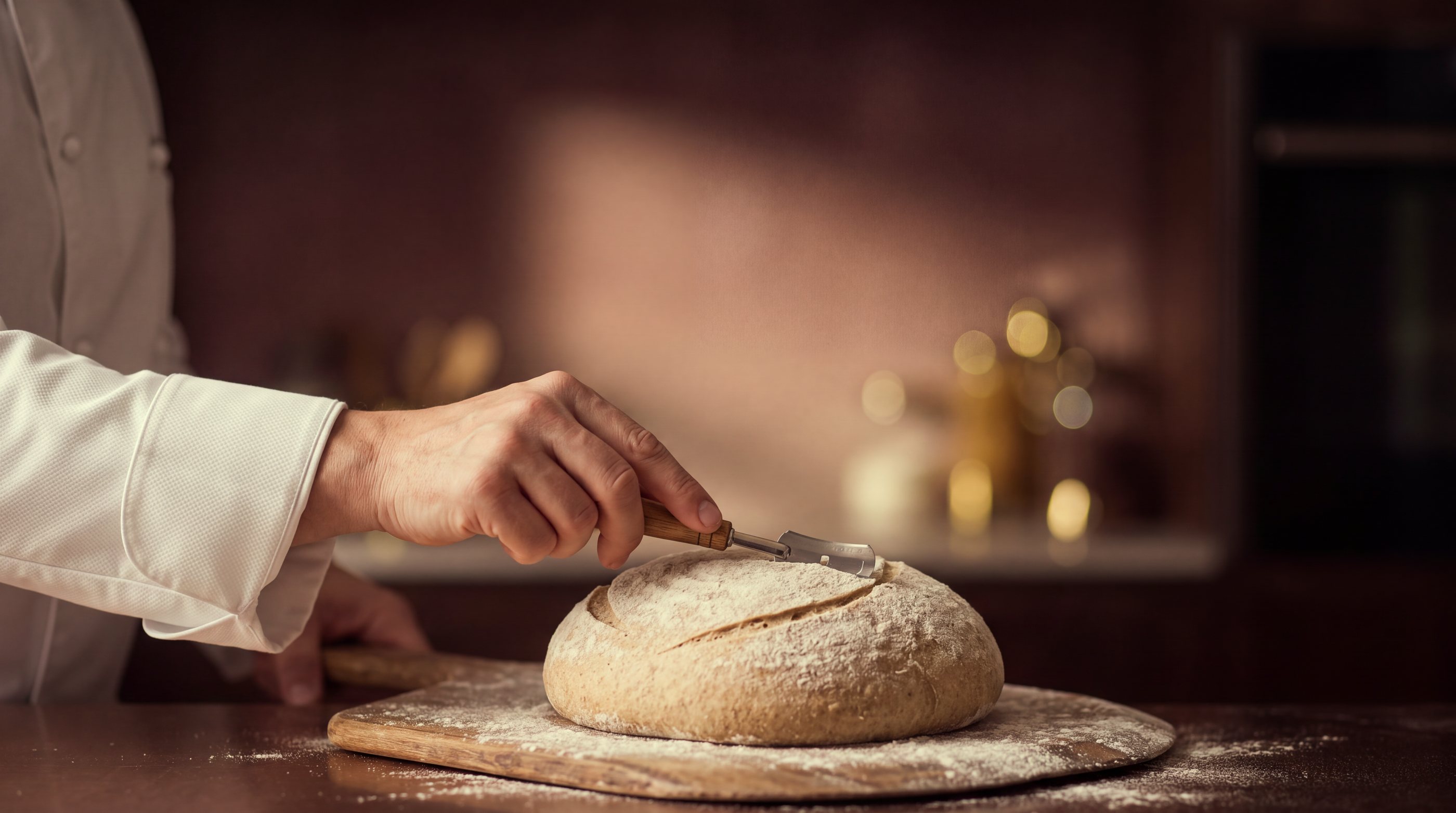 A baker scores a round sourdough loaf with a blade before it goes into the oven