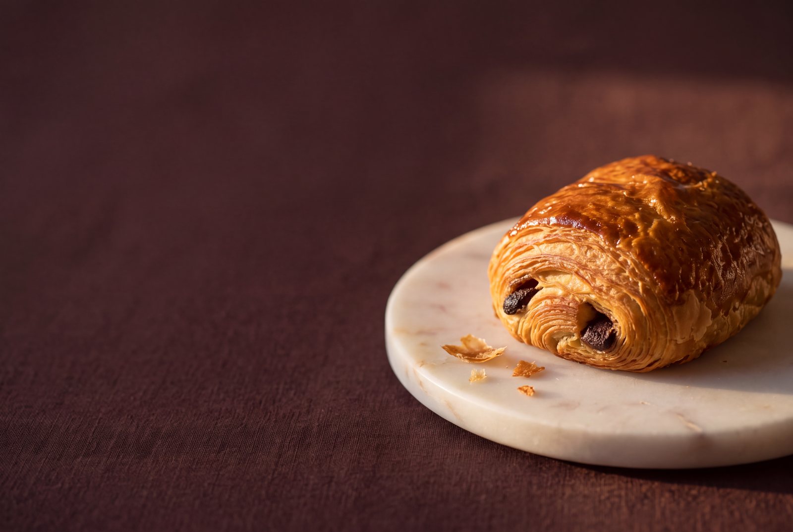 A pain au chocolat on a marble plate