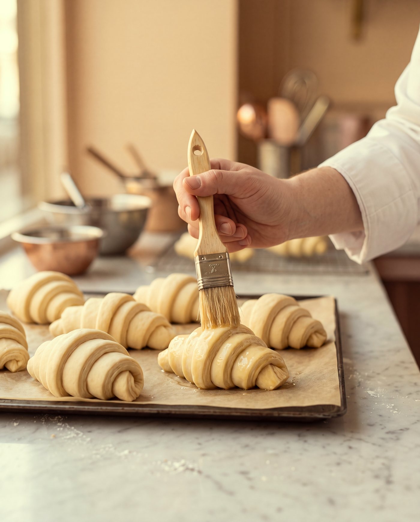 A baker brushes egg wash onto a tray of croissants